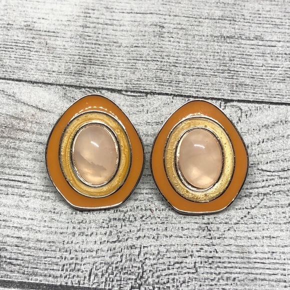 VINTAGE Signed CS for AVON Celia Sebiri Pink Rose Quartz Cabochon Earrings Trend - Picture 2 of 6